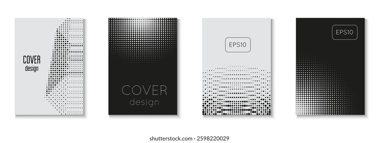 Abstract Cover Set. Halftone Black And White  Flyer. Black Brand Texture. Modern Shapes In Tech Layout. Young Hipster Design On Annual Page. Music Poster. White Abstract Cover