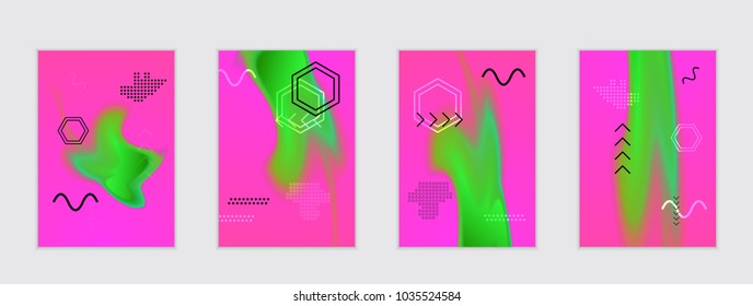 Abstract cover template with black geometric shapes. Poster with gradient neon colored  curved glow fluid shape. Liquid bright colors.