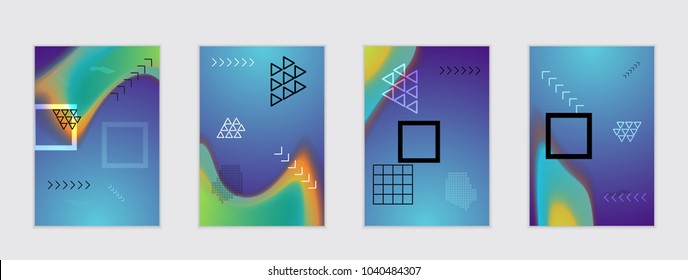Abstract cover template with black geometric shapes. Poster with gradient neon colored  curved glow fluid shape. Liquid bright colors.