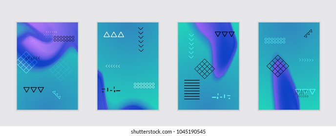 Abstract cover template with black geometric shapes. Poster with gradient neon colored  curved glow fluid shape. Liquid bright colors.