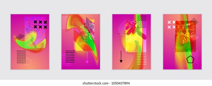 Abstract cover template with black geometric shapes. Poster with gradient neon colored  curved glow fluid shape. Liquid bright colors.