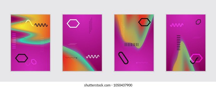 Abstract cover template with black geometric shapes. Poster with gradient neon colored  curved glow fluid shape. Liquid bright colors.