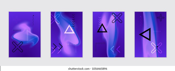 Abstract cover template with black geometric shapes. Poster with gradient neon colored  curved glow fluid shape. Liquid bright colors.
