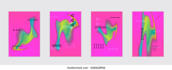 Abstract cover template with black geometric shapes. Poster with gradient neon colored  curved glow fluid shape. Liquid bright colors.