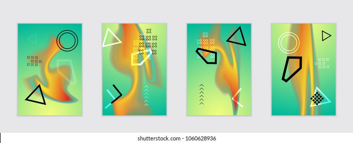 Abstract cover template with black geometric shapes. Poster with gradient neon colored  curved glow fluid shape. Liquid bright colors.