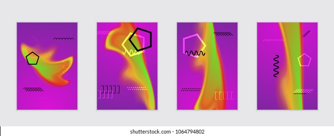 Abstract cover template with black geometric shapes. Poster with gradient neon colored  curved glow fluid shape. Liquid bright colors.