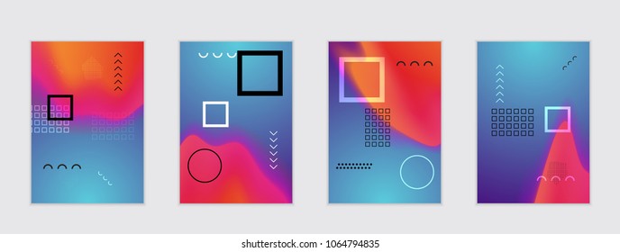 Abstract cover template with black geometric shapes. Poster with gradient neon colored  curved glow fluid shape. Liquid bright colors.