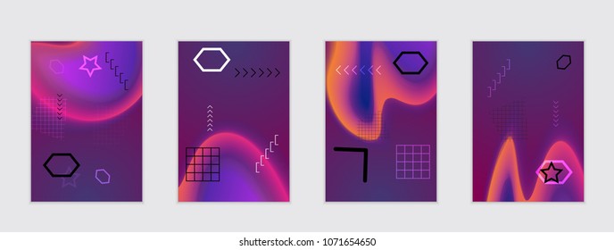 Abstract cover template with black geometric shapes. Poster with gradient neon colored  curved glow fluid shape. Liquid bright colors.