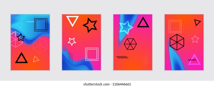 Abstract cover template with black geometric shapes. Poster with gradient neon colored  curved glow fluid shape. Liquid bright colors.