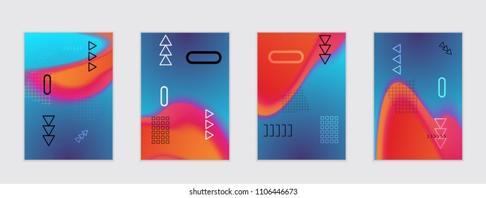 Abstract cover template with black geometric shapes. Poster with gradient neon colored  curved glow fluid shape. Liquid bright colors.