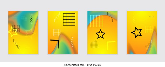 Abstract cover template with black geometric shapes. Poster with gradient neon colored  curved glow fluid shape. Liquid bright colors.