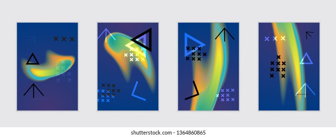 Abstract cover template with black geometric shapes. Poster with gradient neon colored  curved glow fluid shape. Liquid bright colors.