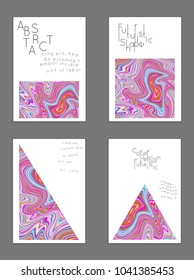 Abstract cover template with marble design elements. Poster with geometric shapes and multicolored striped random overlapping shapes creating marble effect.