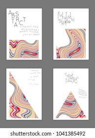 Abstract cover template with marble design elements. Poster with geometric shapes and multicolored striped random overlapping shapes creating marble effect.