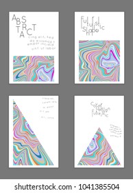 Abstract cover template with marble design elements. Poster with geometric shapes and multicolored striped random overlapping shapes creating marble effect.