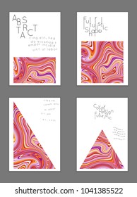 Abstract cover template with marble design elements. Poster with geometric shapes and multicolored striped random overlapping shapes creating marble effect.