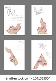 Abstract cover template with marble design elements. Poster with geometric shapes and multicolored striped random overlapping shapes creating marble effect.