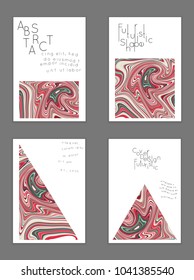 Abstract cover template with marble design elements. Poster with geometric shapes and multicolored striped random overlapping shapes creating marble effect.