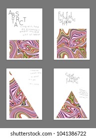 Abstract cover template with marble design elements. Poster with geometric shapes and multicolored striped random overlapping shapes creating marble effect.