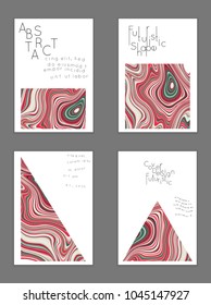 Abstract cover template with marble design elements. Poster with geometric shapes and multicolored striped random overlapping shapes creating marble effect.