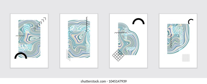 Abstract cover template with marble design elements. Poster with geometric shapes and multicolored striped random overlapping shapes creating marble effect.