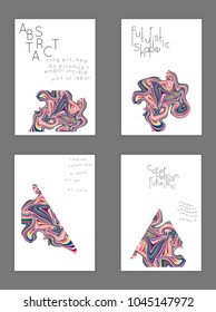Abstract cover template with marble design elements. Poster with geometric shapes and multicolored striped random overlapping shapes creating marble effect.