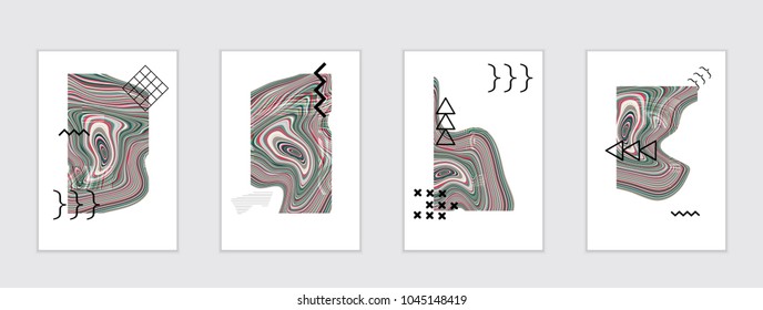 Abstract cover template with marble design elements. Poster with geometric shapes and multicolored striped random overlapping shapes creating marble effect.