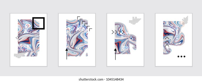 Abstract cover template with marble design elements. Poster with geometric shapes and multicolored striped random overlapping shapes creating marble effect.