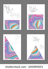 Abstract cover template with marble design elements. Poster with geometric shapes and multicolored striped random overlapping shapes creating marble effect.