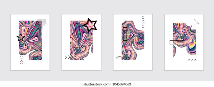 Abstract cover template with marble design elements. Poster with geometric shapes and multicolored striped random overlapping shapes creating marble effect.