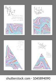 Abstract cover template with marble design elements. Poster with geometric shapes and multicolored striped random overlapping shapes creating marble effect.