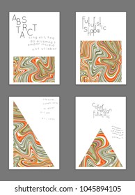 Abstract cover template with marble design elements. Poster with geometric shapes and multicolored striped random overlapping shapes creating marble effect.