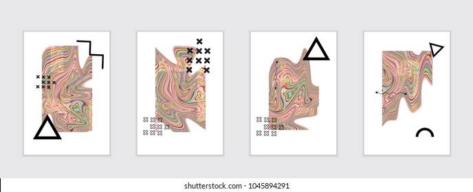 Abstract cover template with marble design elements. Poster with geometric shapes and multicolored striped random overlapping shapes creating marble effect.