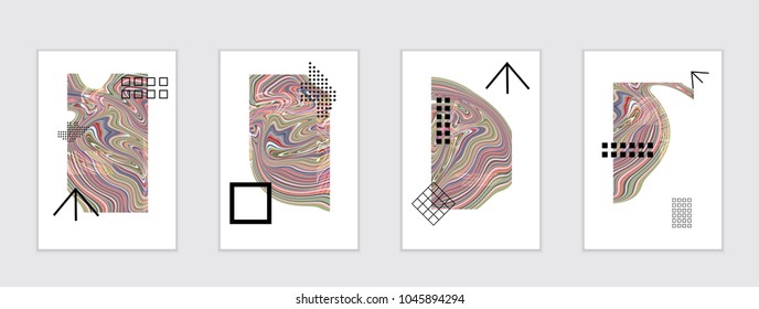 Abstract cover template with marble design elements. Poster with geometric shapes and multicolored striped random overlapping shapes creating marble effect.