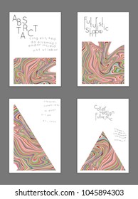 Abstract cover template with marble design elements. Poster with geometric shapes and multicolored striped random overlapping shapes creating marble effect.