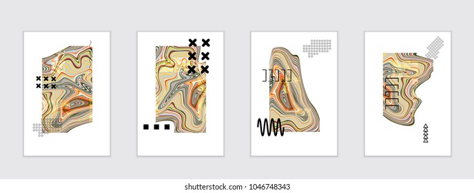 Abstract cover template with marble design elements. Poster with geometric shapes and multicolored striped random overlapping shapes creating marble effect.