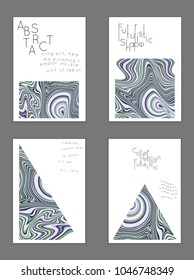 Abstract cover template with marble design elements. Poster with geometric shapes and multicolored striped random overlapping shapes creating marble effect.