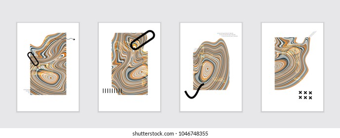 Abstract cover template with marble design elements. Poster with geometric shapes and multicolored striped random overlapping shapes creating marble effect.
