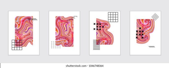 Abstract cover template with marble design elements. Poster with geometric shapes and multicolored striped random overlapping shapes creating marble effect.