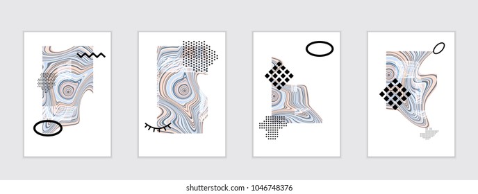 Abstract cover template with marble design elements. Poster with geometric shapes and multicolored striped random overlapping shapes creating marble effect.