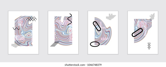Abstract cover template with marble design elements. Poster with geometric shapes and multicolored striped random overlapping shapes creating marble effect.