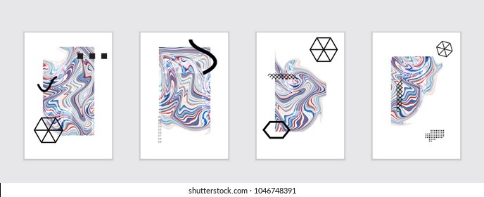 Abstract cover template with marble design elements. Poster with geometric shapes and multicolored striped random overlapping shapes creating marble effect.