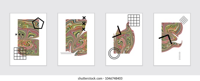 Abstract cover template with marble design elements. Poster with geometric shapes and multicolored striped random overlapping shapes creating marble effect.