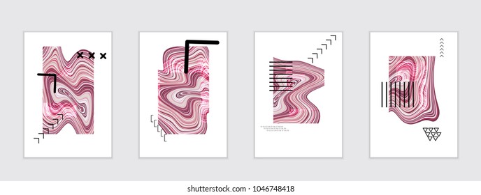 Abstract cover template with marble design elements. Poster with geometric shapes and multicolored striped random overlapping shapes creating marble effect.