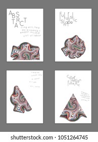 Abstract cover template with marble design elements. Poster with geometric shapes and multicolored striped random overlapping shapes creating marble effect.