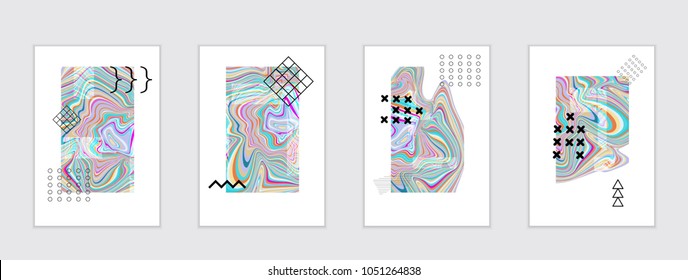 Abstract cover template with marble design elements. Poster with geometric shapes and multicolored striped random overlapping shapes creating marble effect.