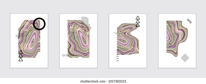 Abstract cover template with marble design elements. Poster with geometric shapes and multicolored striped random overlapping shapes creating marble effect.