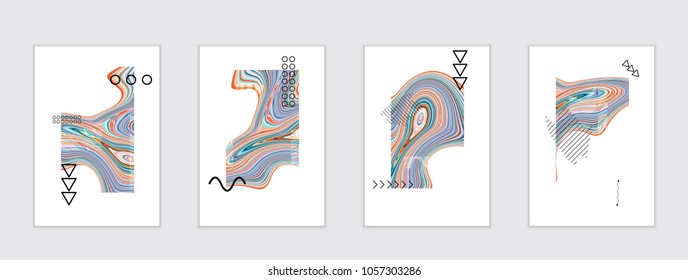 Abstract cover template with marble design elements. Poster with geometric shapes and multicolored striped random overlapping shapes creating marble effect.