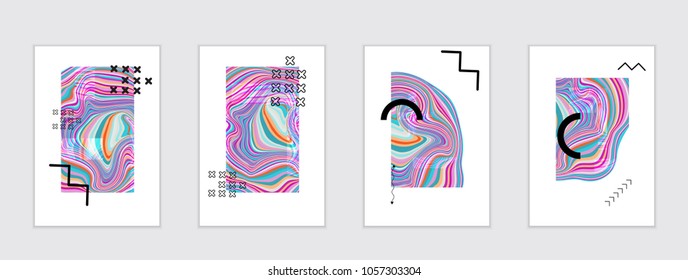 Abstract cover template with marble design elements. Poster with geometric shapes and multicolored striped random overlapping shapes creating marble effect.