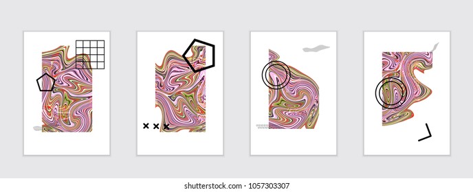 Abstract cover template with marble design elements. Poster with geometric shapes and multicolored striped random overlapping shapes creating marble effect.
